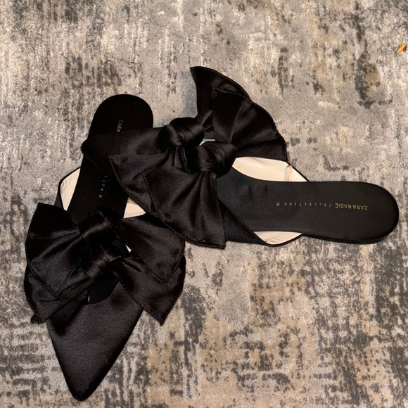 ZARA black satin slides with two bows. Size 38. - Picture 2 of 6